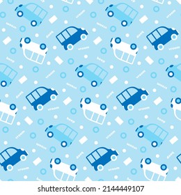 Light blue pattern with cars for newborn boy. Delicate baby seamless print with minibuses for children's textiles. Cartoon transport wallpaper for nursery design. Vehicle, white words for kids fabric.