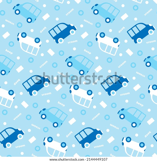 Light blue pattern with cars for newborn boy.
Delicate baby seamless print with minibuses for children's
textiles. Cartoon transport wallpaper for nursery design. Vehicle,
white words for kids
fabric.