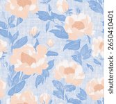 Light blue and peach floral pattern with large flowers, small leaves, Woodblock print seamless pattern, seamless repeating vector, design for textile print. Vector illustration.