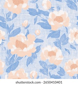Padrão floral azul claro e pêssego com flores grandes, folhas pequenas, impressão Woodblock padrão sem emenda, vetor repetitivo sem emenda, design para impressão têxtil. Ilustração vetorial.
