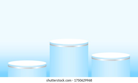 light blue pedestal cylinder circle 3 steps for cosmetics showcase, podium circle stage blue pastel soft color, platform steps for advertising, podium round for product display, copy space, vector