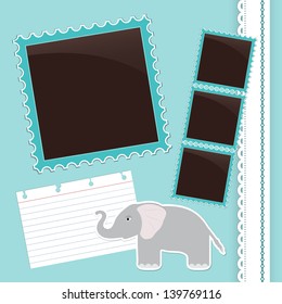 Light blue photo album page with cute cartoon elephant