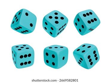Cubo 3d fotorrealista azul claro para juegos. Icono de dados en primer plano de vuelo aislado sobre fondo blanco. Ilustración vectorial.