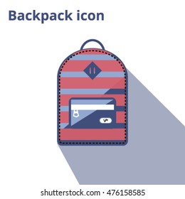 Light blue and pink back pack with stripe pattern . Flat icon