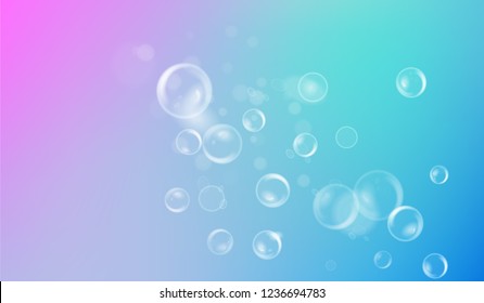 Light blue and pink blur background with bubbles. White soap bubbles on abstract background. Vector illustration