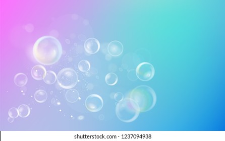 Light blue and pink blur background with bubbles. White soap bubbles on abstract background. Vector illustration