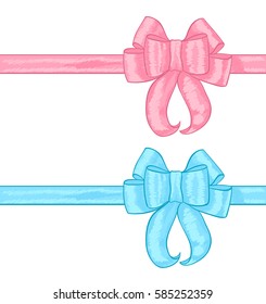 light blue and pink bow ribbon hand drawn illustration. vector