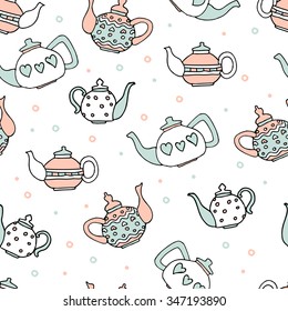 light blue and pink colored set of four cute teapots, hand drawn seamless pattern
