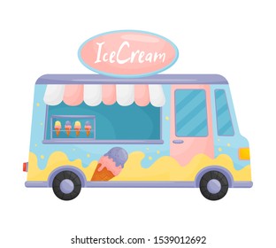 Light blue and pink food truck with ice cream. Vector illustration on a white background.