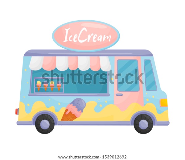 Light blue and pink food truck with ice\
cream. Vector illustration on a white\
background.