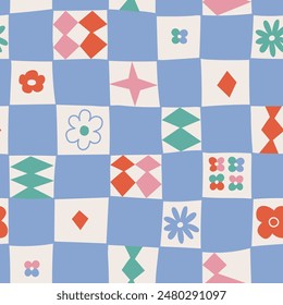 light blue and pink Seamless French Checkered Pattern with flowers and geometrical shapes. Vector cute botanical geometry Fabric Check Pattern Background. Flowers, rhombuses and stars.