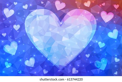 Light BLUE, pink vector abstract Triangle Geometrical Heart on white polygonal background. Happy Valentine's Day Greeting Card. Stock template for your design.