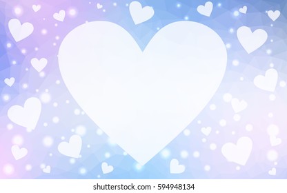 Light blue, pink vector greeting Card Happy Valentine's Day. Lettering with hearts on the white polygonal background. Colored triangular illustration for your business.