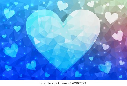 Light blue, pink vector love background with heart. Paper note. Valentine's greeting polygonal card. Triangular illustration for your business. Stock template for your design.