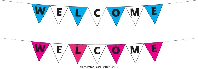 Light blue, pink and white welcome banner on a white background