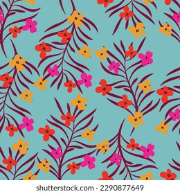 Light blue with pink, yellow-orange flowers with brick brown leaves elements seamless pattern background design.