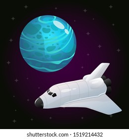 Light blue planet with dark spots on it with a spaceship
