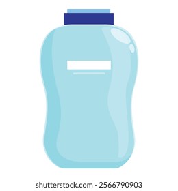 Light blue plastic bottle with blank white label and dark blue cap, isolated on white background