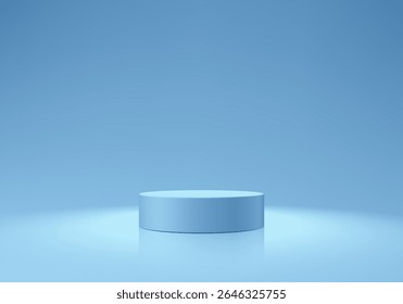 Light Blue podium 3D background with glow ceiling lighting on the wall. Abstract composition minimalist design. Studio display showroom cosmetic product pedestal, Fashion stage showcase mockup scene.