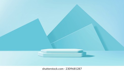 Light blue podium. Fashion showcase pedestal, studio showroom clean display podium or cosmetics product presentation stand realistic vector background. Exhibition gallery space platform