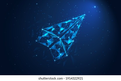 light blue polygon paper plane on blue background. Innovative business journey concept futuristic vector illustration.