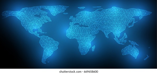 light blue polygon world map networking technology background, vector illustration