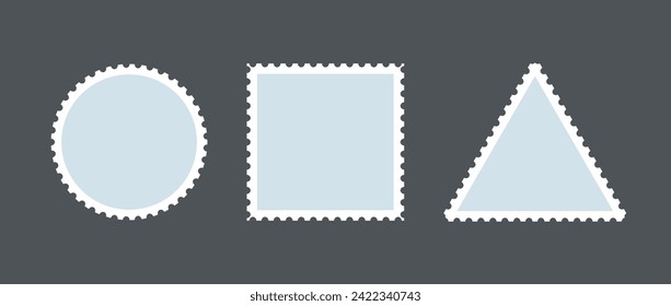 Light blue postage stamp set. Post stamp frames or borders. Round, square, triangle template for mail, postcard, letter. Vintage jagged wavy edge form or object for banner, badge, sticker. Vector