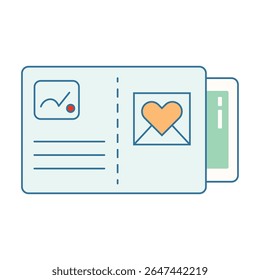 Postal azul claro con sobre de corazón naranja y Vector de ilustración de icono de marca de verificación