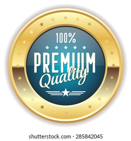 Light blue premium quality badge with gold border on white background
