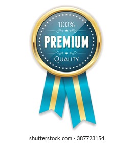 Light blue premium quality badge with gold border and ribbon on white background