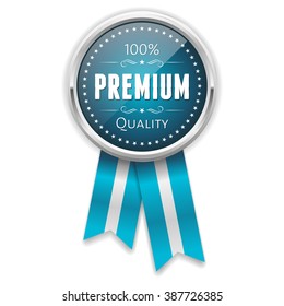 Light blue premium quality badge with silver border and ribbon on white background