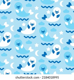 Light Blue Print With Seals For Prints Of Children's Fabric. Seamless Pattern With Arctic Northern Animals For Nice Infant Clothes, Sweet Newborn Textile, Baby Bedding. Cute Cartoon Nursery Wallpaper.