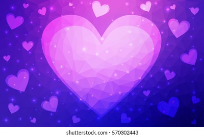 Light blue, purple vector love background with heart. Paper note. Valentine's greeting polygonal card. Triangular illustration for your business. Stock template for your design.