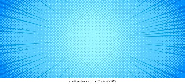 Light blue radial dotted comic background. Speed lines wallpaper with pop art halftone texture. Turquoise anime cartoon rays explosion backdrop for poster, banner, print, magazine, cover. Vector