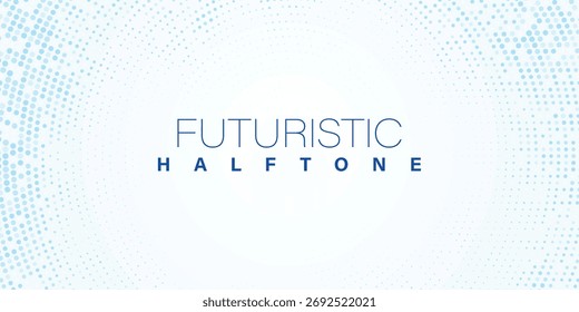 Light blue radial halftone background with concentric circle pattern fading to center, highlighted text FUTURISTIC HALFTONE, clean geometric design in soft white and cyan tones for technology, health