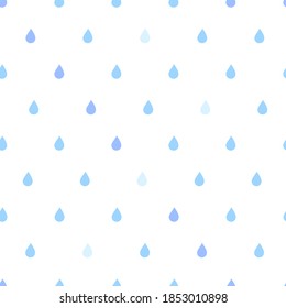 Lluvia azul claro cae patrón sin fisuras, lindo vector plano de dibujos animados sobre fondo blanco