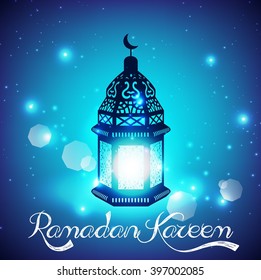 Light blue ramadan kareem background with Iantern lamp.Vector