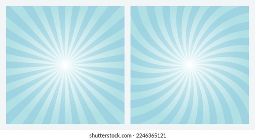 Light Blue rays background. Sunburst pattern background set. Radial and swirl retro style background  in pop art style.