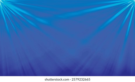 Light blue rays of light isolated on blue background. Blue symmetrical spotlights on stage isolated on light background, for blending mode. Vector illustration.