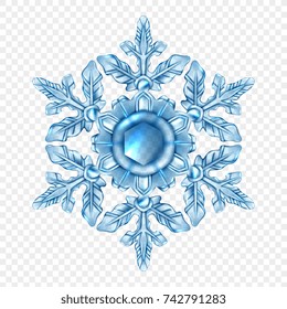 Light blue and realistic snowflake transparent composition in crystal style or glass vector illustration