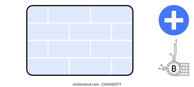 A light blue rectangular block pattern framed in black, with a blue circle containing a white plus sign on the right side. Below, a Bitcoin symbol connected to technology icons. Ideal for blockchain