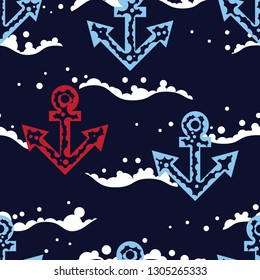 Light blue and red anchors with white waves, a seamless pattern on the dark blue background. Minimalistic dotted textile design. Marine vector drawing repeat pattern. Endless wallpaper. 