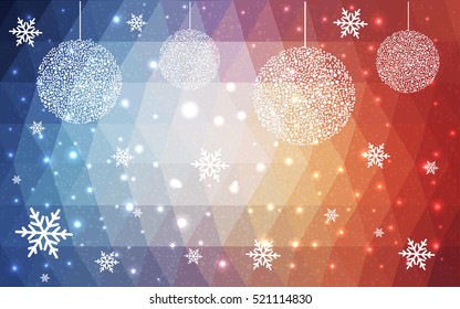 Light Blue Red christmas postcard low polygon background. Vector illustration consisting of triangles. Abstract triangular polygonal origami or crystal design of New Year celebration.