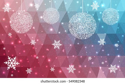 Light Blue Red christmas postcard low polygon background. Vector illustration consisting of triangles. Abstract triangular polygonal origami or crystal design of New Year celebration.