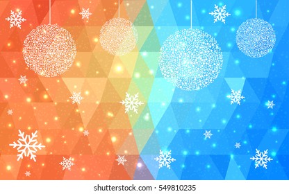 Light Blue Red christmas postcard low polygon background. Vector illustration consisting of triangles. Abstract triangular polygonal origami or crystal design of New Year celebration.