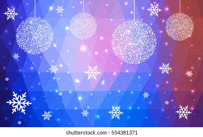 Light Blue Red christmas postcard low polygon background. Vector illustration consisting of triangles. Abstract triangular polygonal origami or crystal design of New Year celebration.