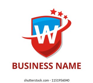light blue and red color shield get slice into half logo graphic design with modern clean style for protection or security company with initial type letter w on it
