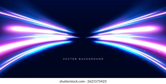 Light blue and red cuved rays glowing on dark blue background. High speed motion moving concept. Vector illustration