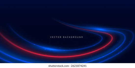 Light blue and red cuved rays glowing on dark blue background. High speed motion moving concept. Vector illustration