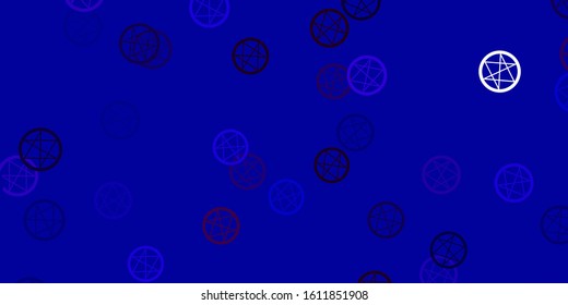 Light Blue, Red vector backdrop with mystery symbols. Colorful vintage illustration with gradient alchemy shapes. Simple design for occult depiction.